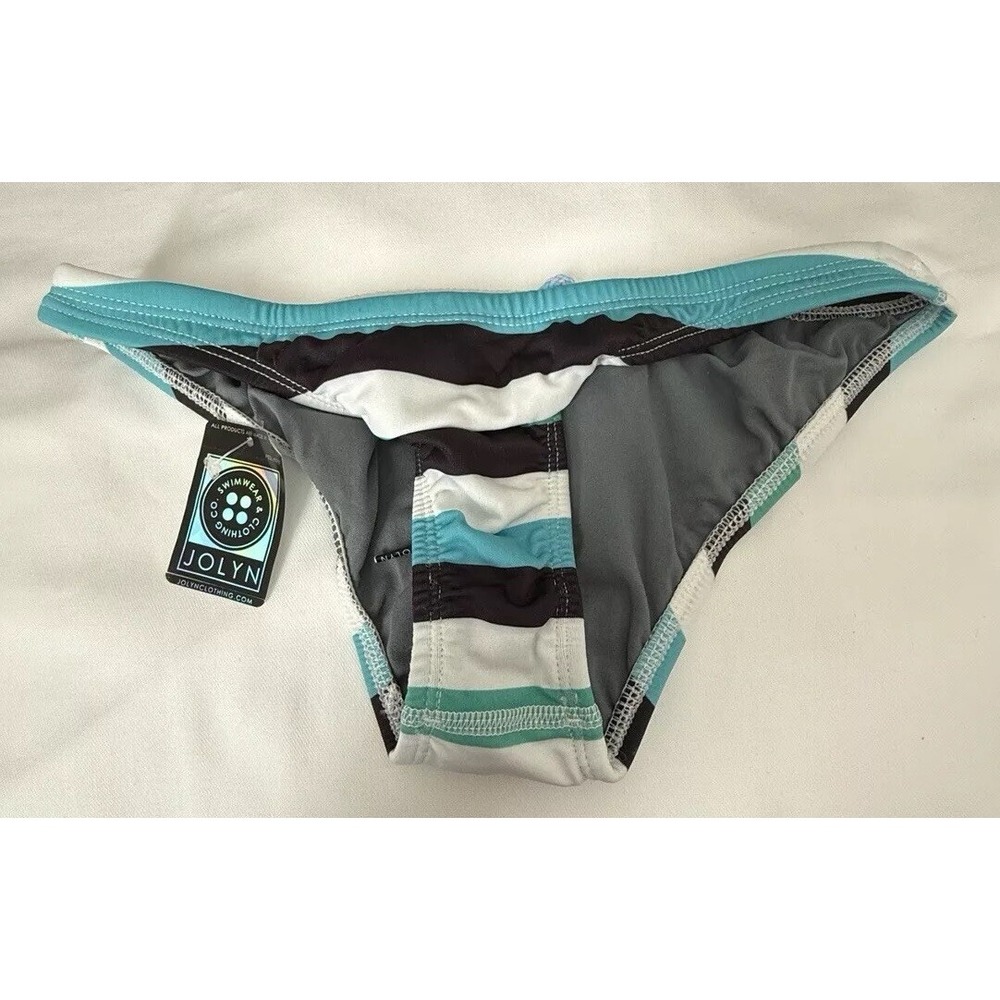 Jolyn Bikini Swim Bottom Europe Style Striped‎ Black Blue White Medium NWT